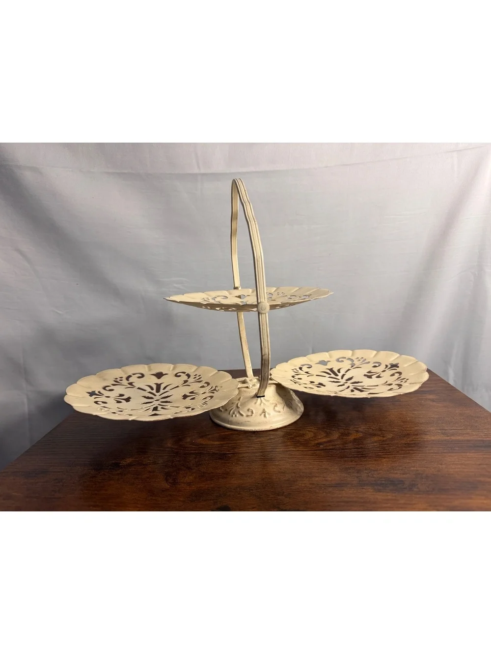 Vintage Folding Three-Tier Metal Serving Stand  Shabby Chic Display Tray